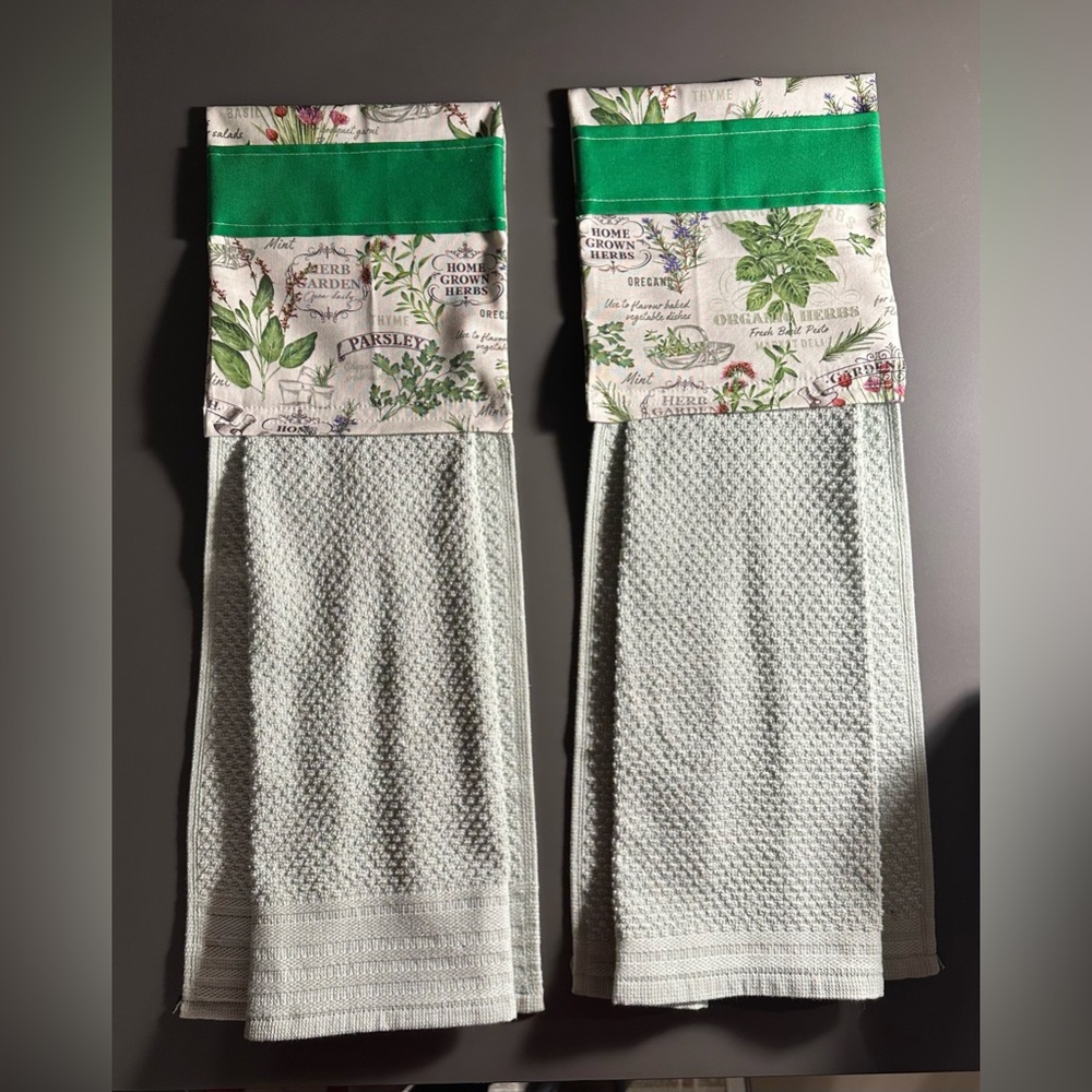 Set of Herb Print Kitchen Towels with Green Accent
